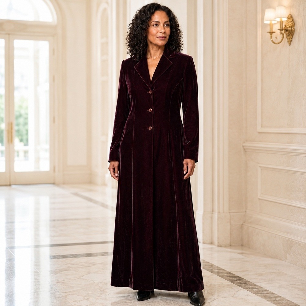 Vintage Rena Rowan Women's 12 Burgundy Silk Velvet Maxi Duster Coat